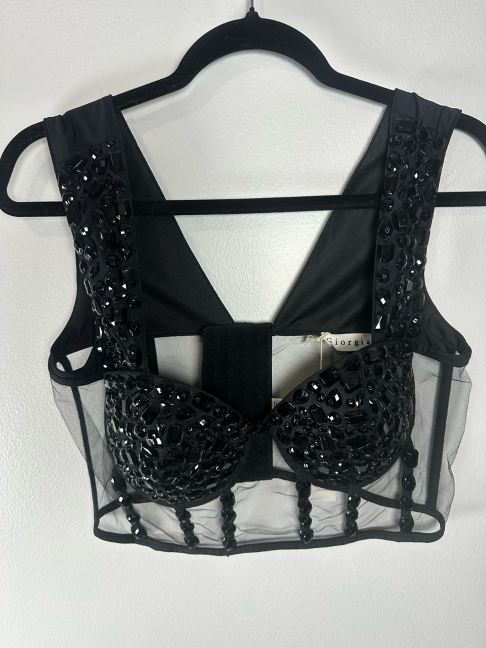 Giorgia Embellished Black Beaded Mesh Bustier Top Size Large C cup
